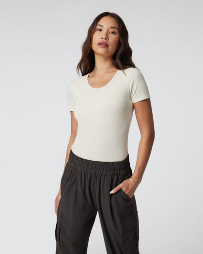Vuori Short Sleeve Pose Bodysuit Milkweed Ribbed Bodysuit