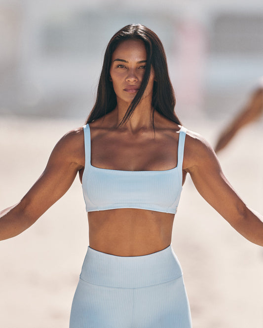 Vuori Inversion Rib Bra Women's Crystal Blue Ribbed Sports Bra